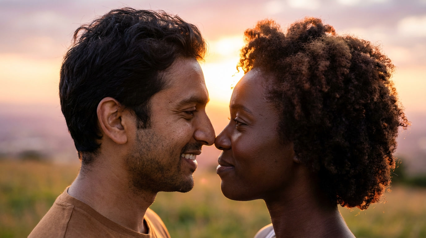 A couple standing close together with relaxed posture and subtle smiles in a softly lit, calm setting.