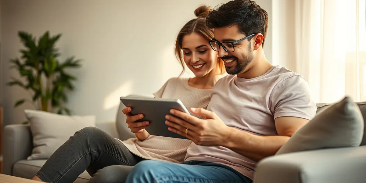 A couple sitting close together on a couch, reading a shared book in a warm, softly lit living room.