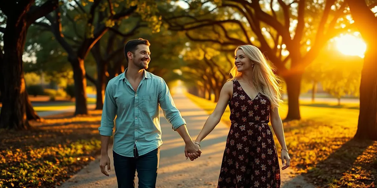 A couple walking hand in hand outdoors in Austin, Texas, along a tree lined path in warm afternoon light.