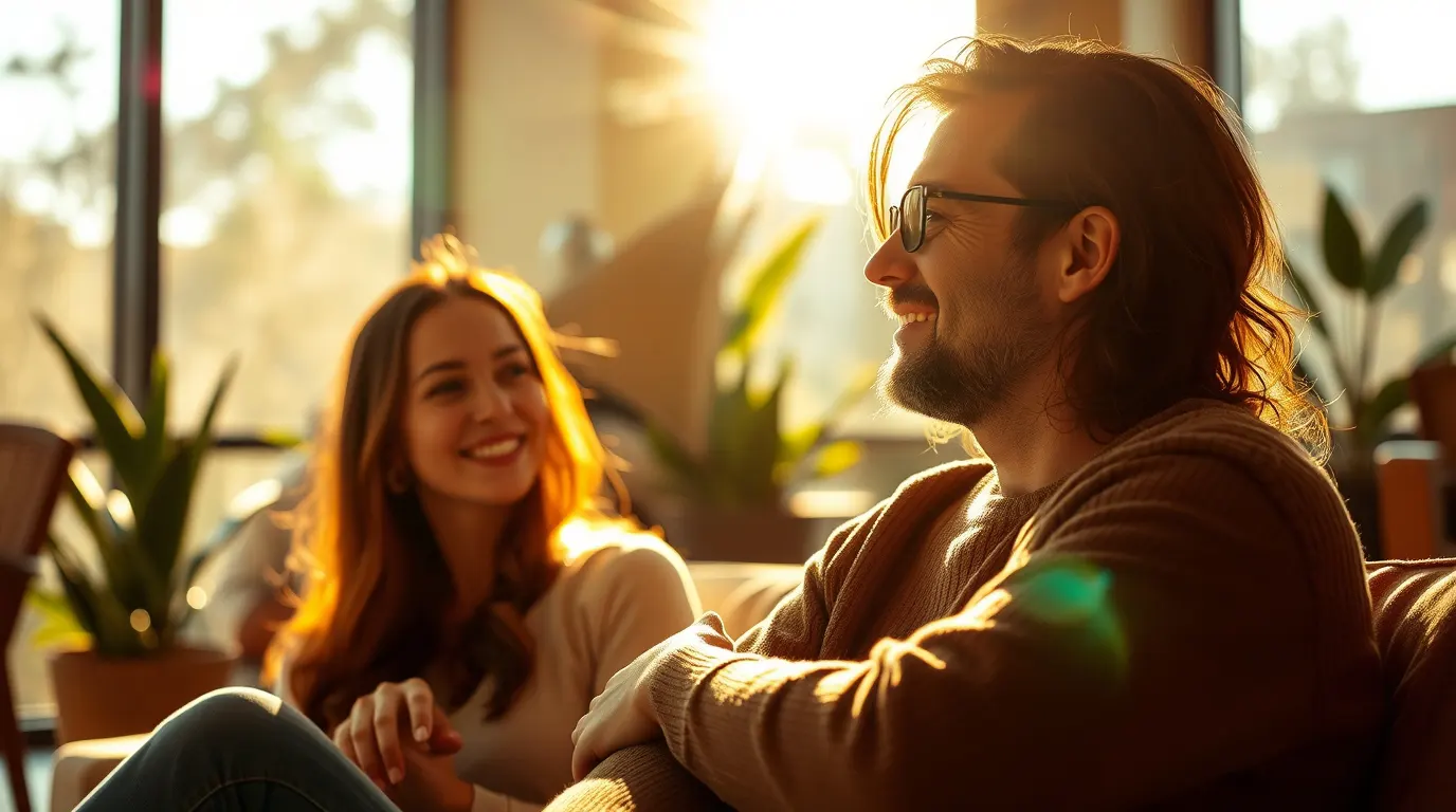 A couple seated together in a warm, modern setting during a calm consultation, with a visible pricing overlay reading “$1,950 per couple” and notes about early bird savings and partial scholarships.
