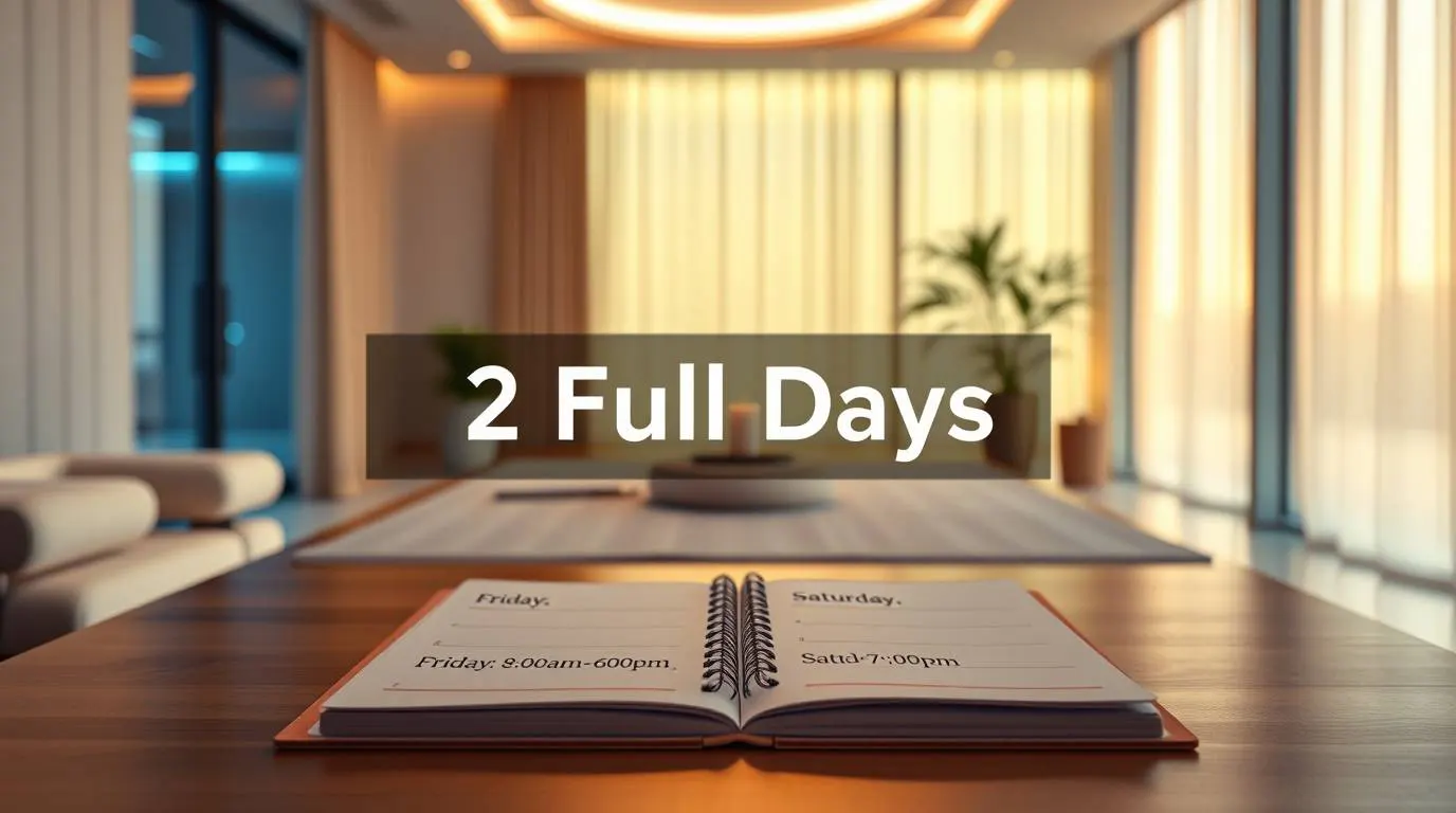 A calm retreat setting with a visible schedule overlay reading “2 Full Days,” including Friday 8:00am–6:00pm and Saturday 9:00am–6:00pm, shown in a warm, organized environment.