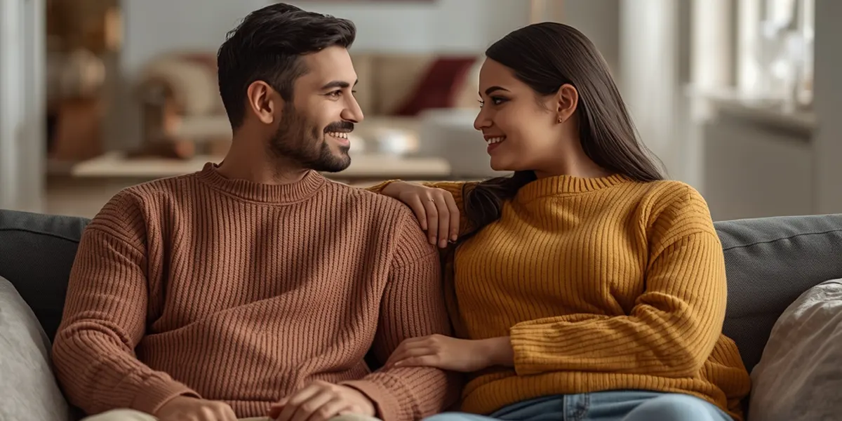 A couple seated on a modern couch, facing each other in a calm, supportive conversation in a softly lit living room.